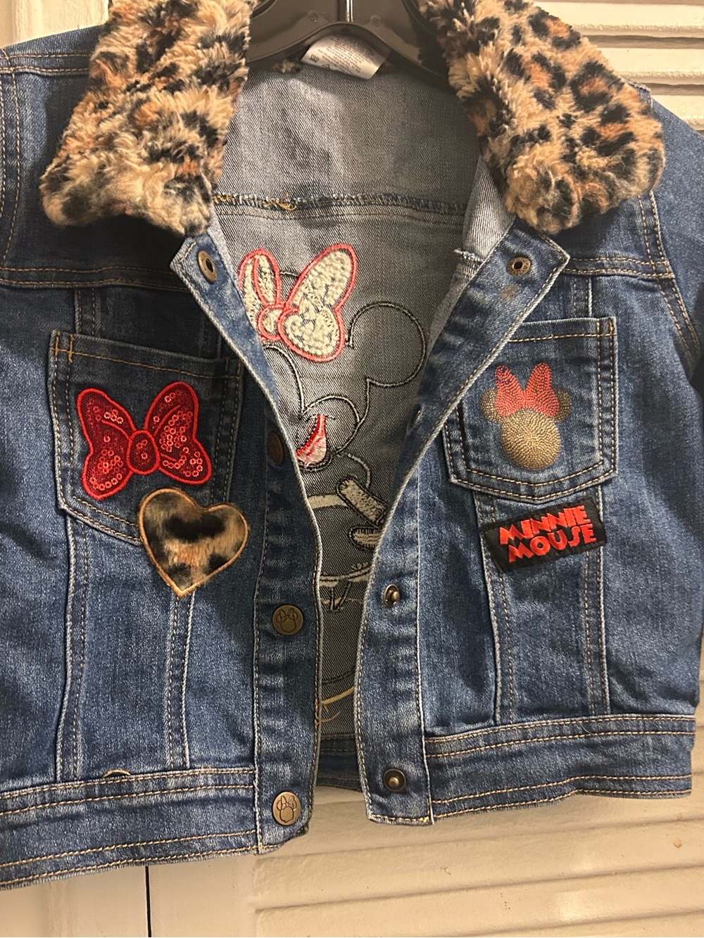 Junior Disney Minnie Mouse Jean Jacket Faux Fur Animal Print  Girls Size 5/6